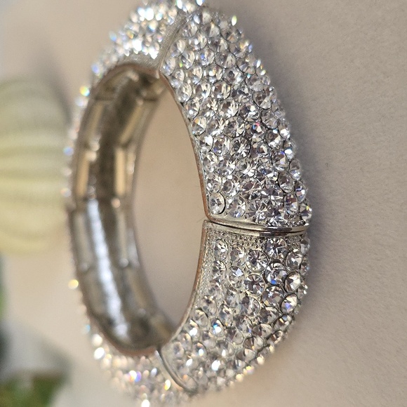 Vintage Sulver Pave-Set Rhinestone Square Stretch Bangle Bracelet - Picture 4 of 11